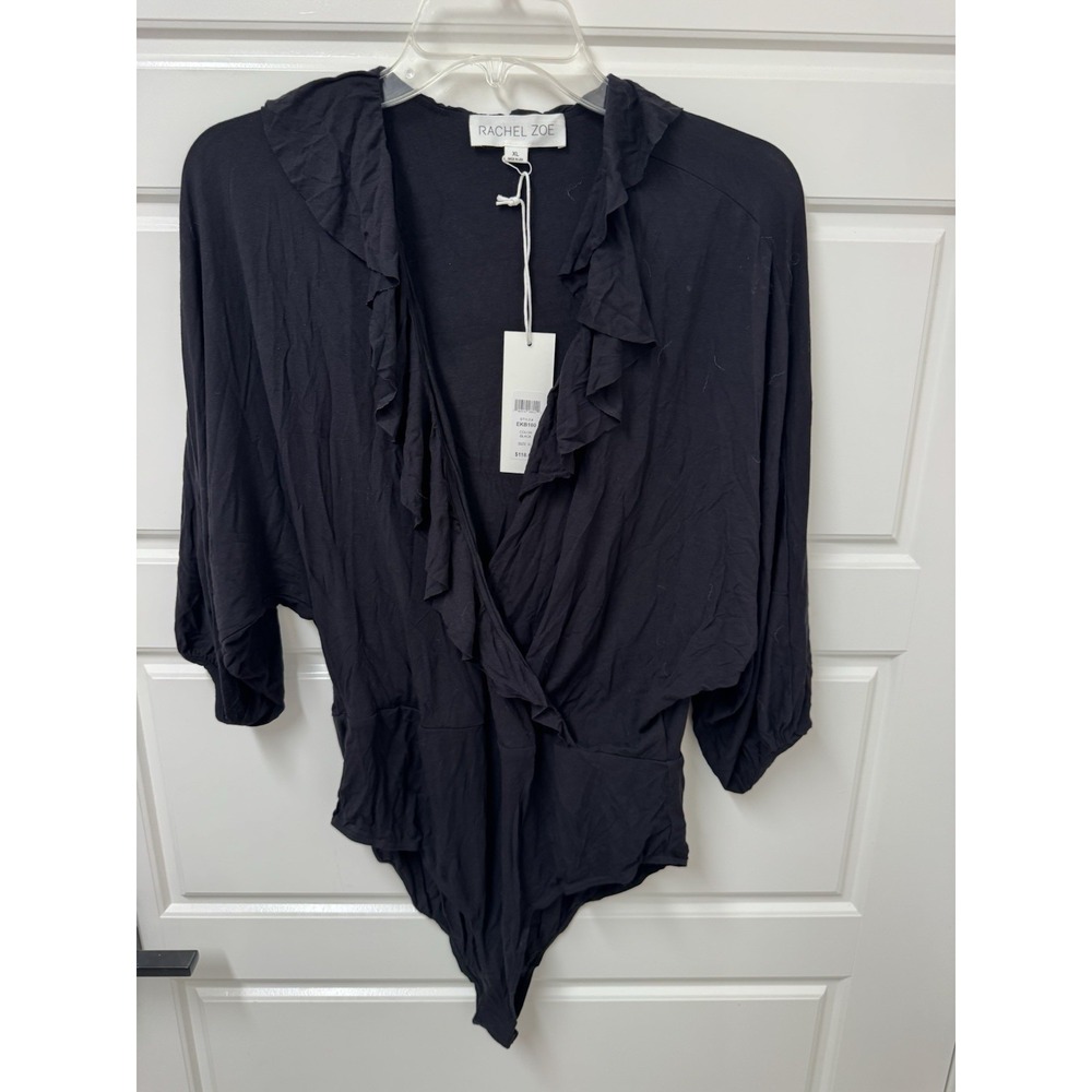Rachel Zoe Women Black Nicole Ruffled V-Neck Body Suit XL EKB100 NWT